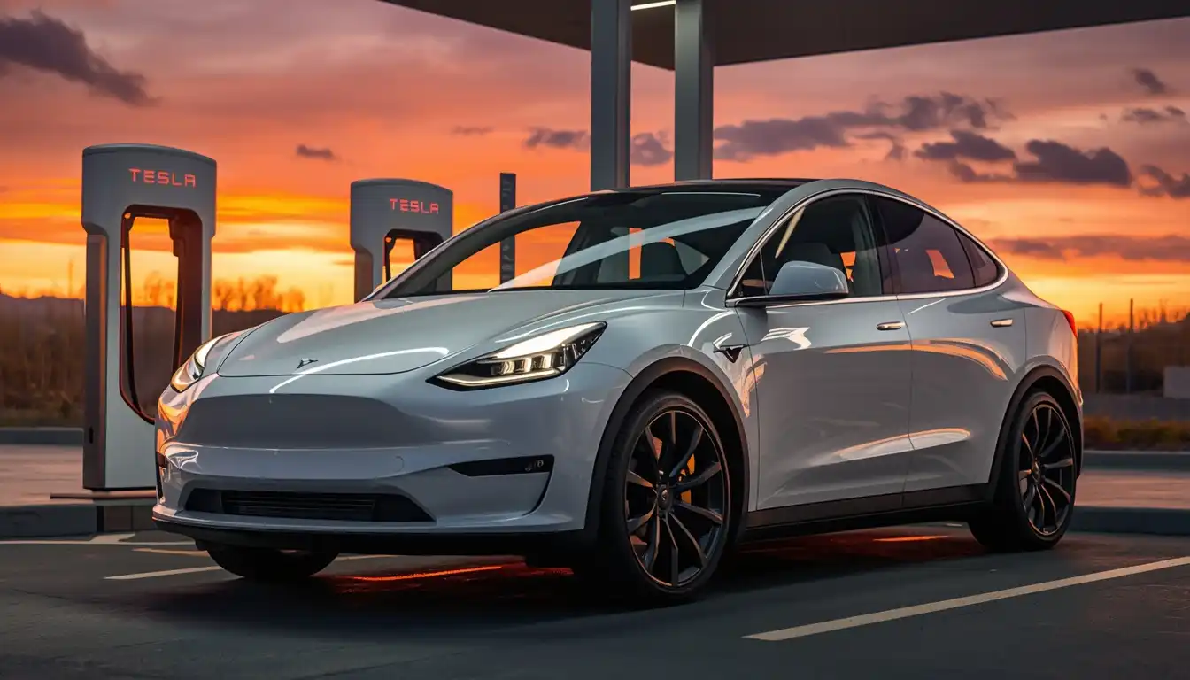 2026 Tesla Model Y Juniper refresh in Pearl White at charging station with new LED light bar and premium design