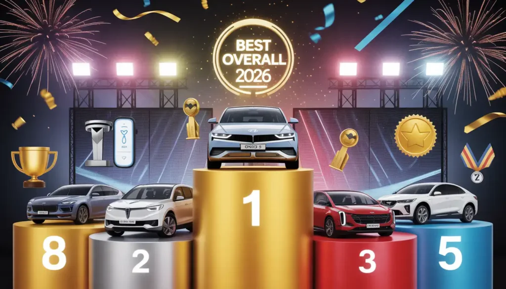 Top 5 best electric SUVs 2026 on winner podium with awards and ratings