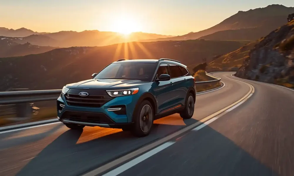 Ford Explorer EV electric SUV driving on scenic mountain road in Europe