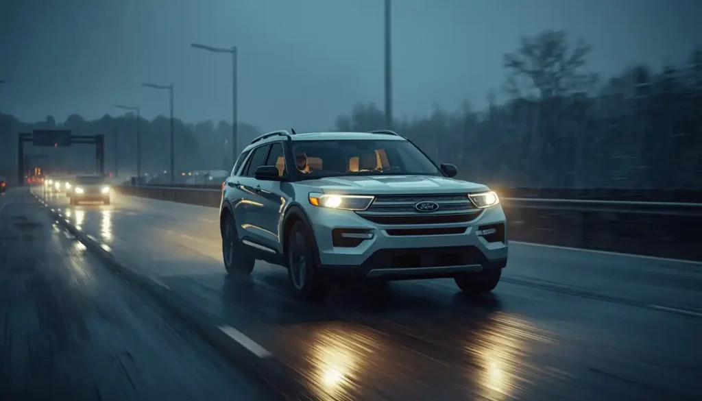 Ford Explorer EV driving on UK motorway in winter cold weather showing real world range