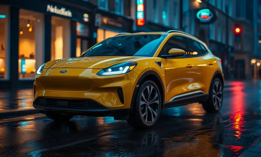 Ford Puma Gen-E compact electric SUV parked on a wet UK city street at night with reflections