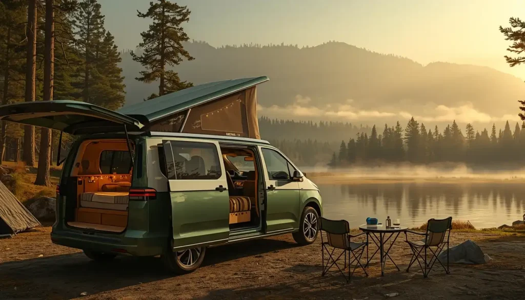 Volkswagen ID.Buzz California electric camper van at lakeside campsite with sleeping platform and outdoor setup