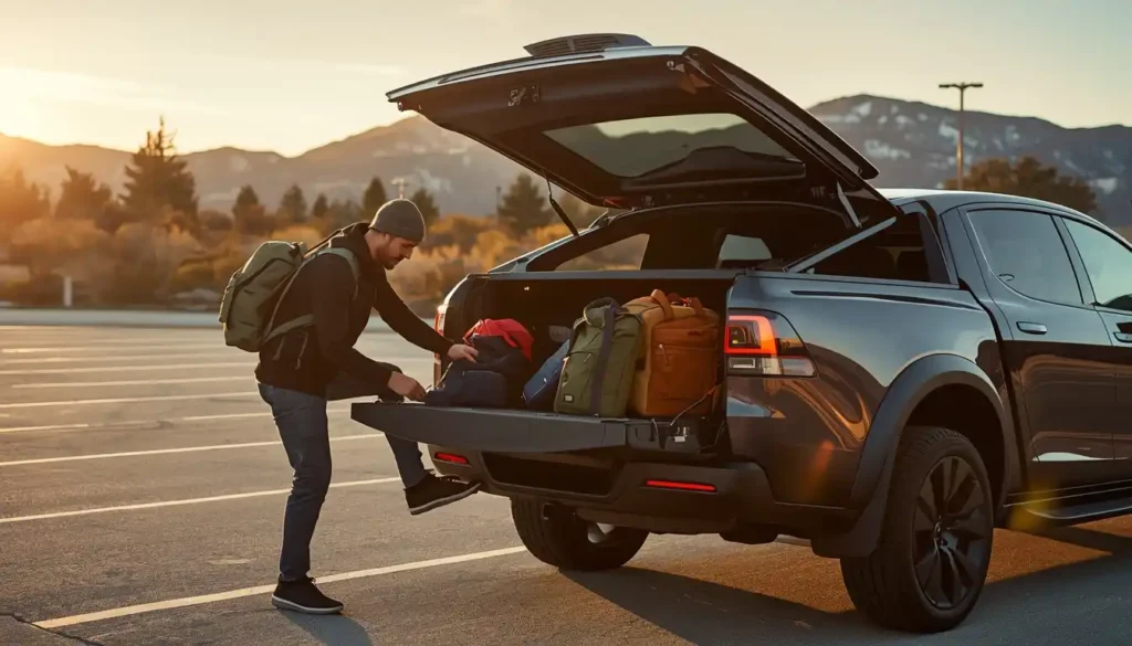 Tesla Cybertruck owner loading gear into truck bed outdoor adventure lifestyle