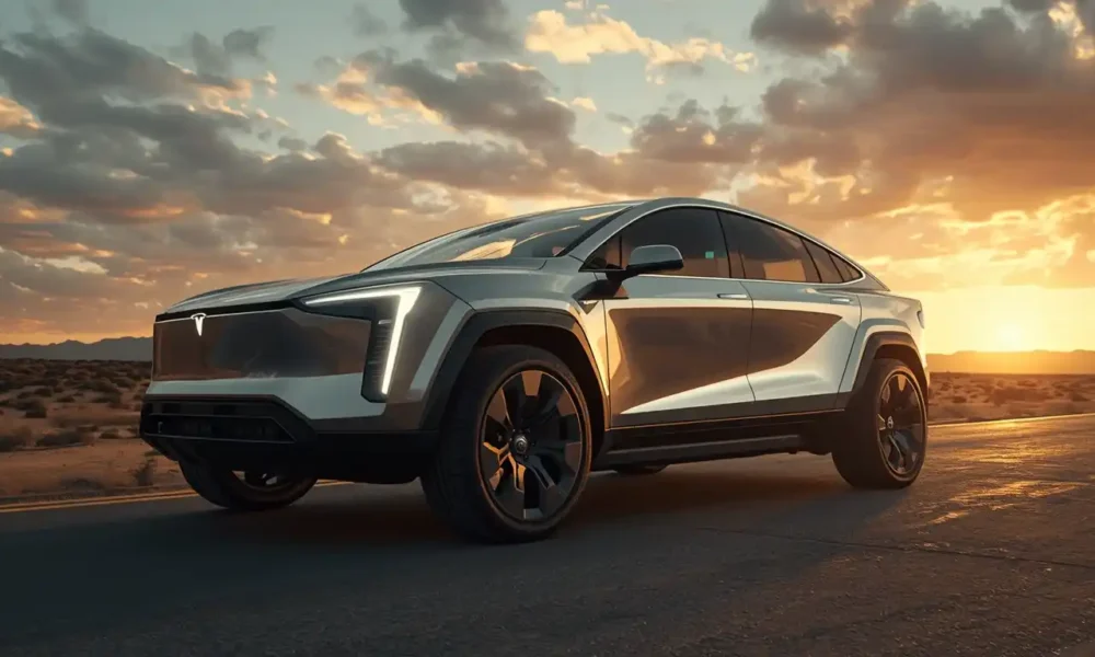 Tesla Cybertruck 2026 silver stainless steel full side view on open road