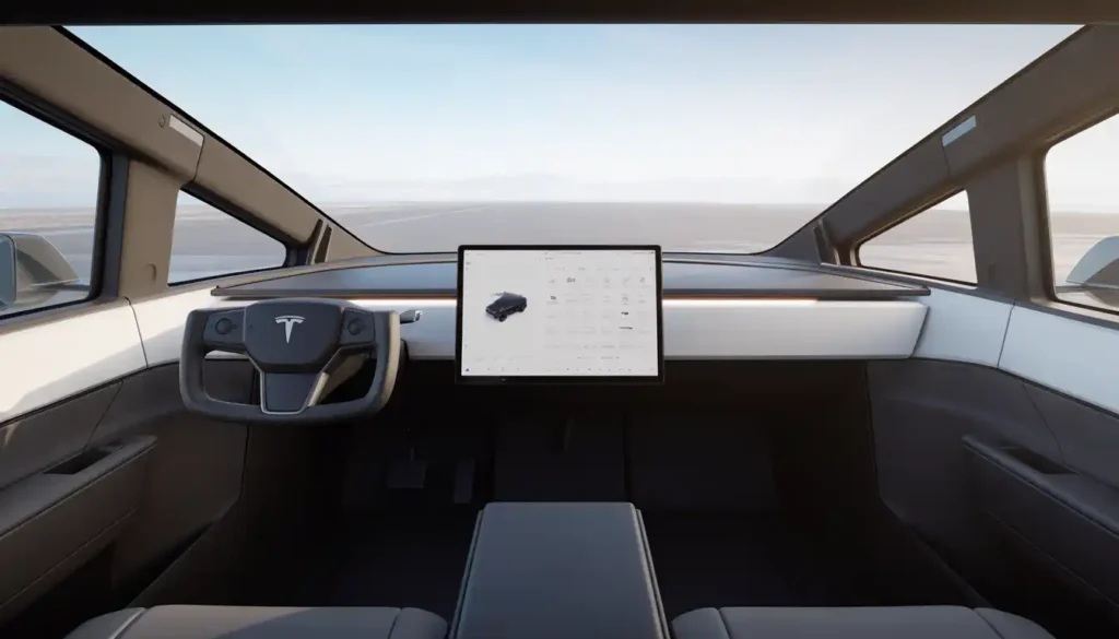 Tesla Cybertruck interior 18.5 inch touchscreen dashboard cabin inside view