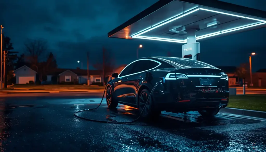Tesla Cybertruck charging at Tesla Supercharger station at night