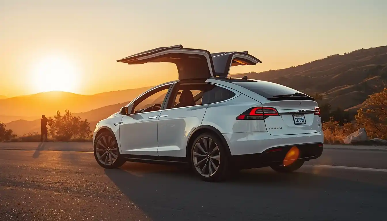 2026 Tesla Model X luxury electric SUV with falcon wing doors open on mountain road