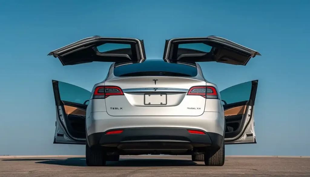 Tesla Model X falcon wing doors fully open showing unique butterfly gull wing door design