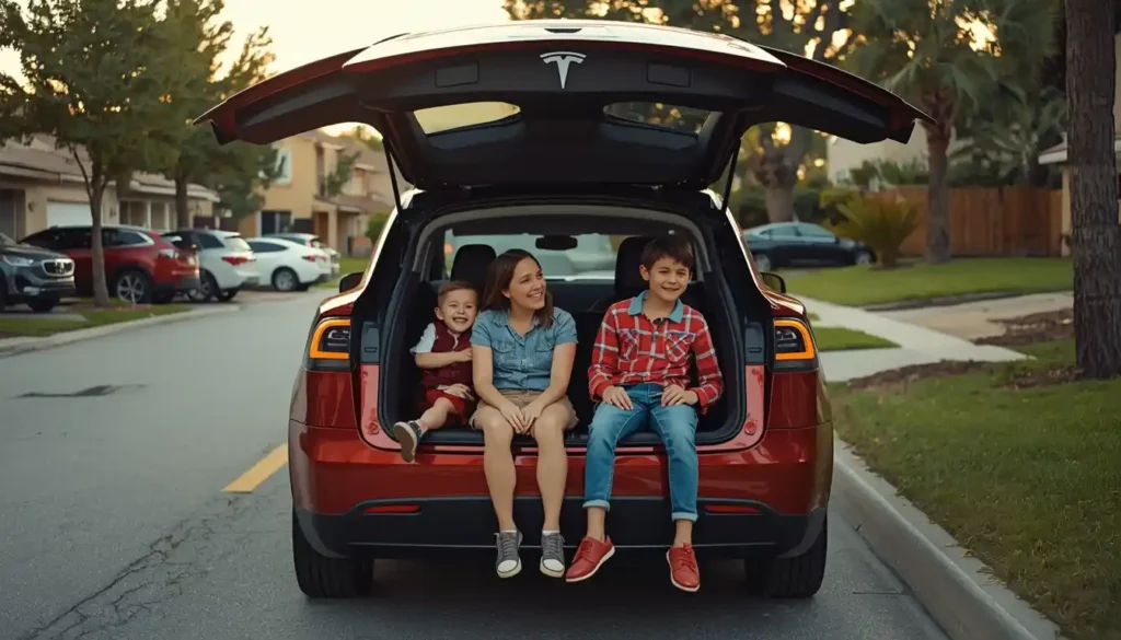 Tesla Model X electric SUV family loading with falcon wing doors open showing 7 seater space