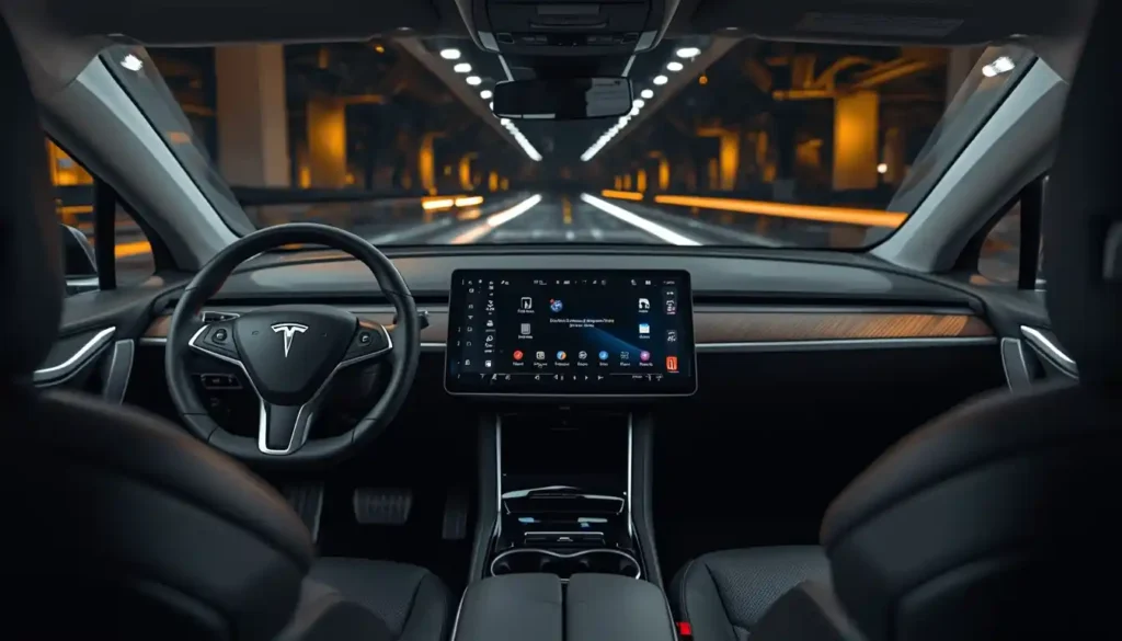 Tesla Model X interior showing 17.4 inch touchscreen dashboard minimalist design and premium seating