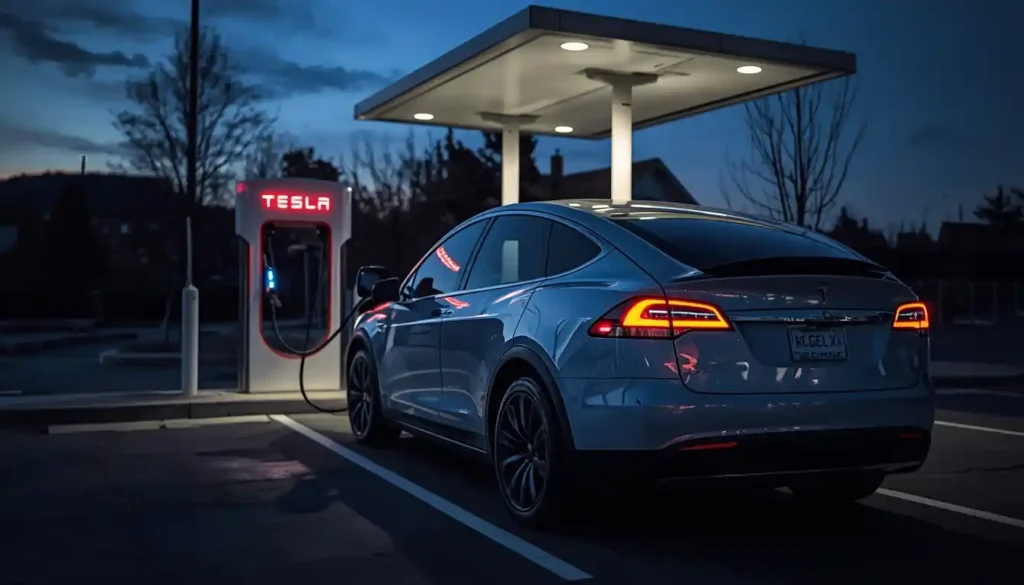 Tesla Model X charging at Tesla Supercharger station showing 352 mile range EV charging network