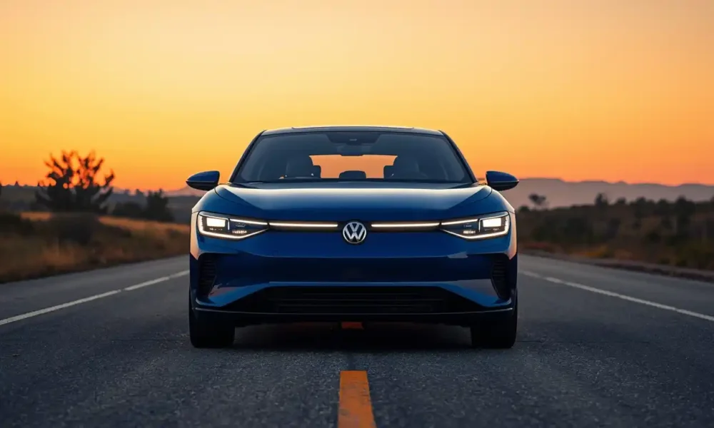 2026 Volkswagen ID.5 electric SUV parked on open road at sunset — full front three-quarter view