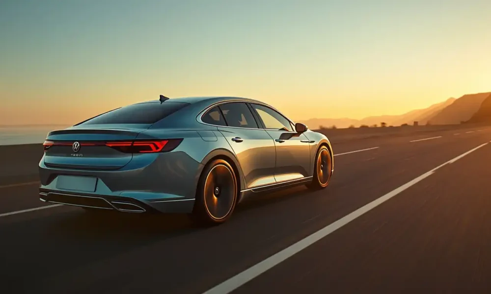 Volkswagen ID.7 electric sedan side profile on open road at golden hour