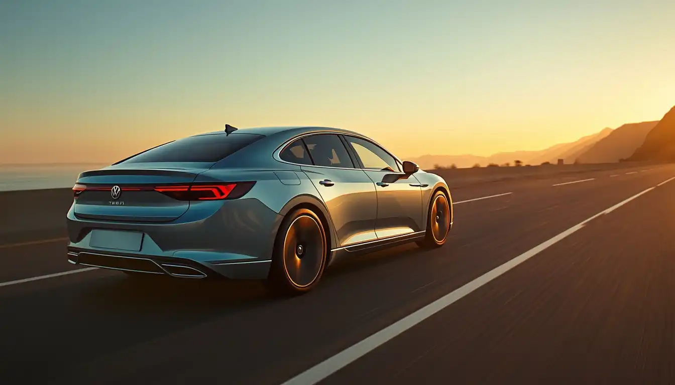 Volkswagen ID.7 electric sedan side profile on open road at golden hour