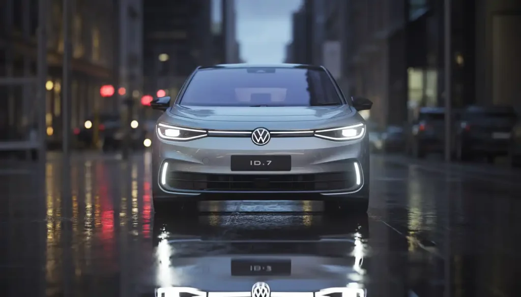 Volkswagen ID.7 electric sedan front view LED headlights night urban setting