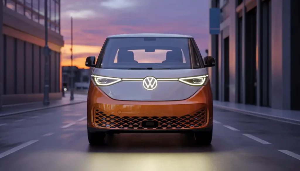2026 Volkswagen ID.Buzz electric minivan front view with illuminated LED light bar on city street at dusk
