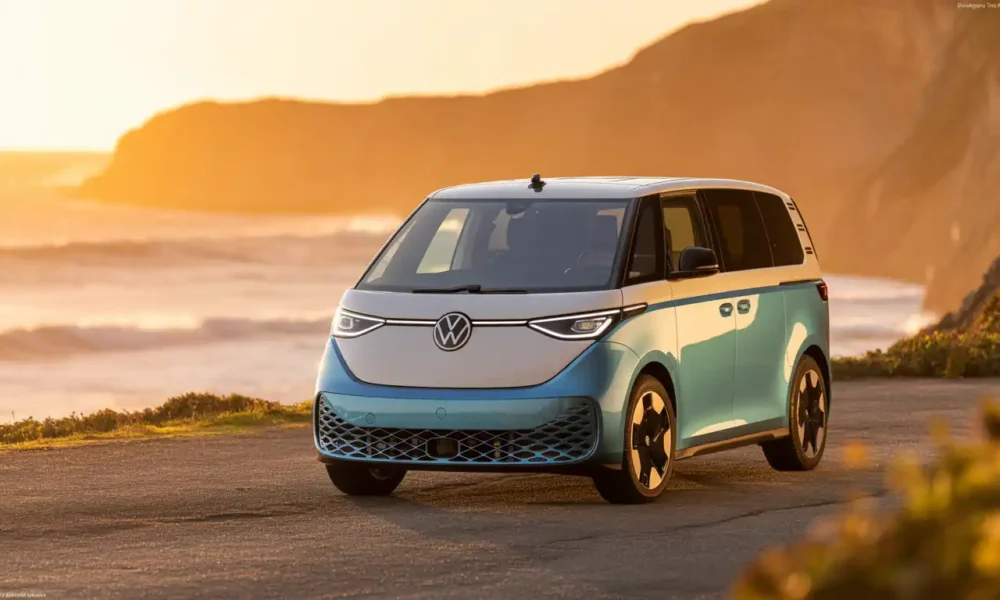 2026 Volkswagen ID.Buzz electric minivan parked on coastal cliff road at golden hour sunset