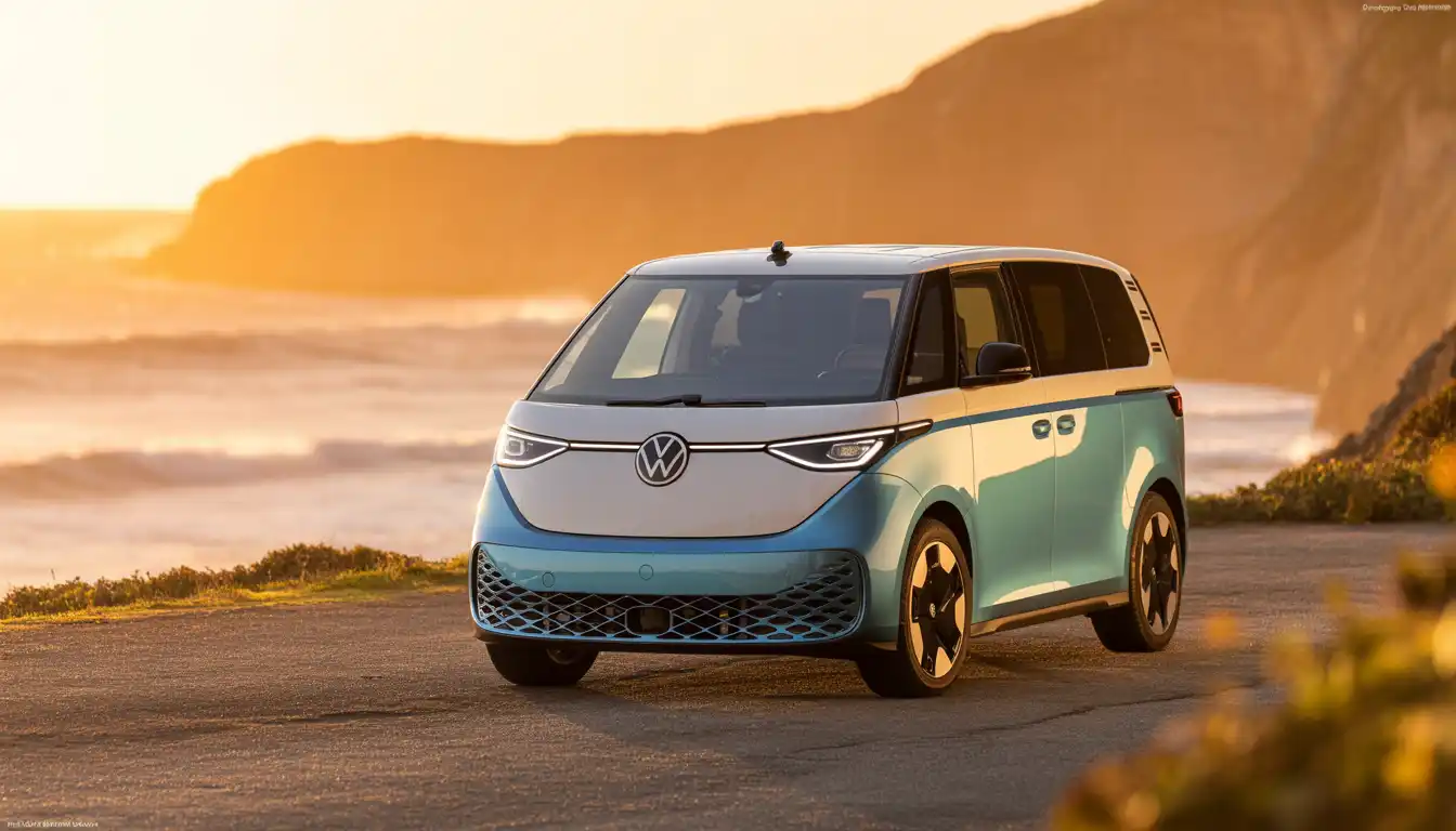 2026 Volkswagen ID.Buzz electric minivan parked on coastal cliff road at golden hour sunset