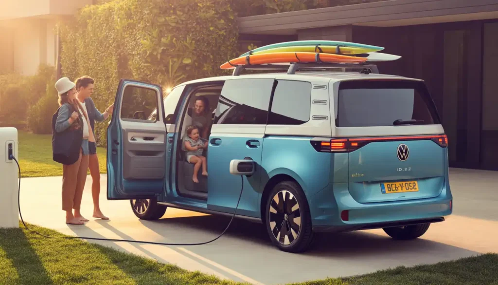 2026 VW ID Buzz electric van ideal buyer family loading for road trip from home with Level 2 charger