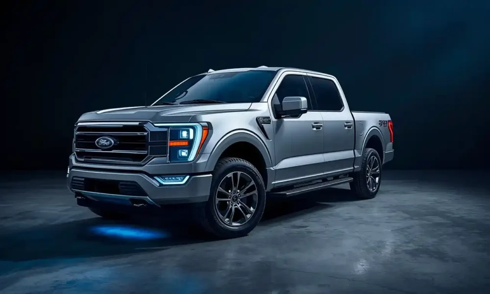 2026 F-150 Lightning Pro electric pickup truck studio shot with charging port open