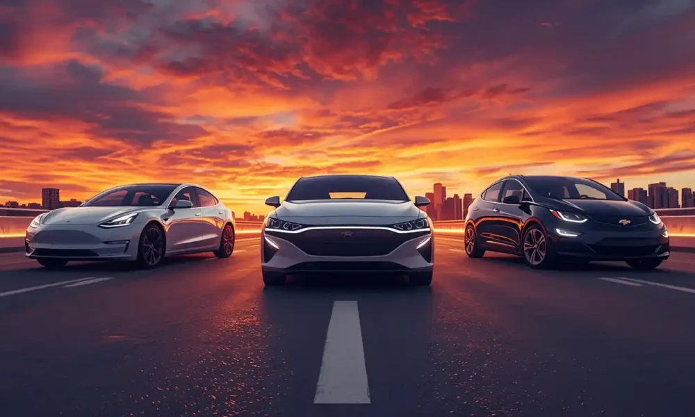 Best electric cars 2026 — Tesla Model 3, Hyundai Ioniq 5, and Chevrolet Bolt EV lineup at sunset