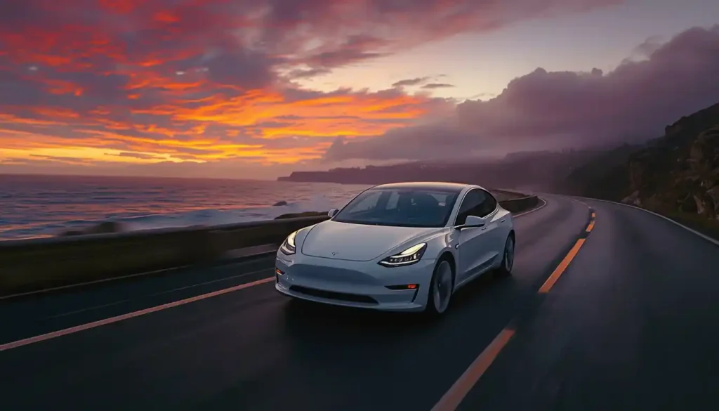 Best electric cars 2026 — Tesla Model 3 driving on coastal highway at dusk