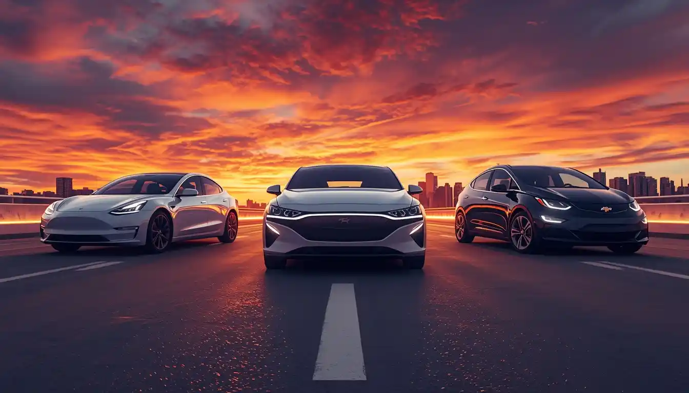 Best electric cars 2026 — Tesla Model 3, Hyundai Ioniq 5, and Chevrolet Bolt EV lineup at sunset