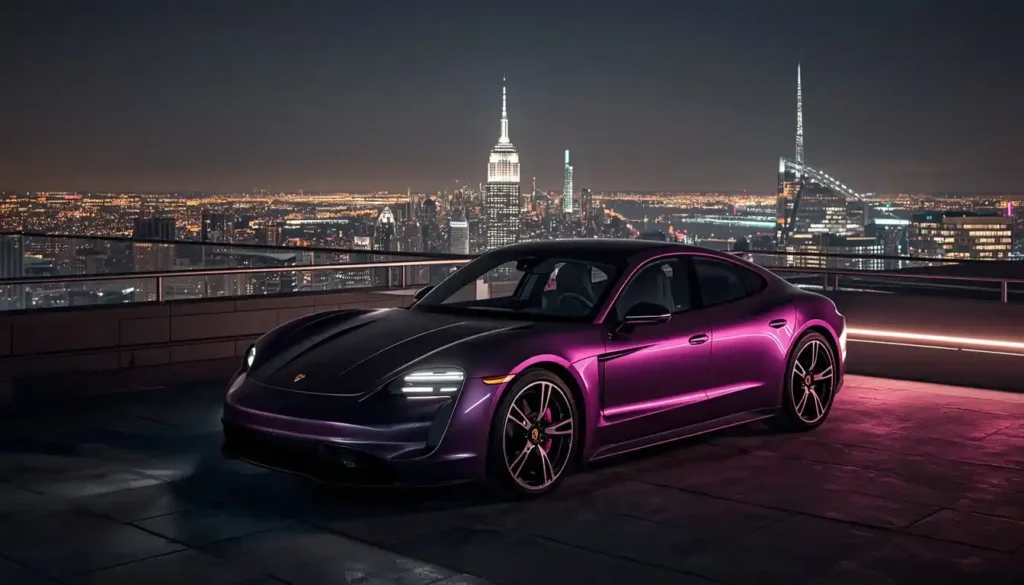 Best luxury electric cars 2026 — Porsche Taycan on rooftop with city skyline at night