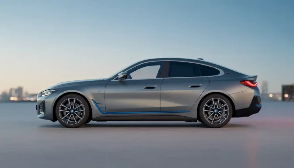 2026 BMW i4 Gran Coupe side profile parked in urban setting showcasing electric sedan design