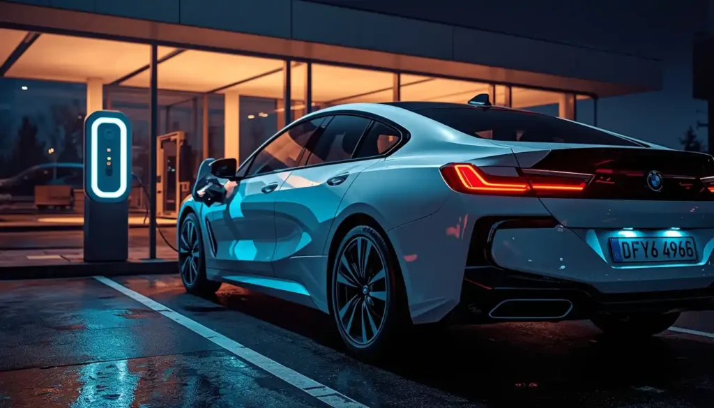 2026 BMW i4 plugged into DC fast charger at modern charging station at night