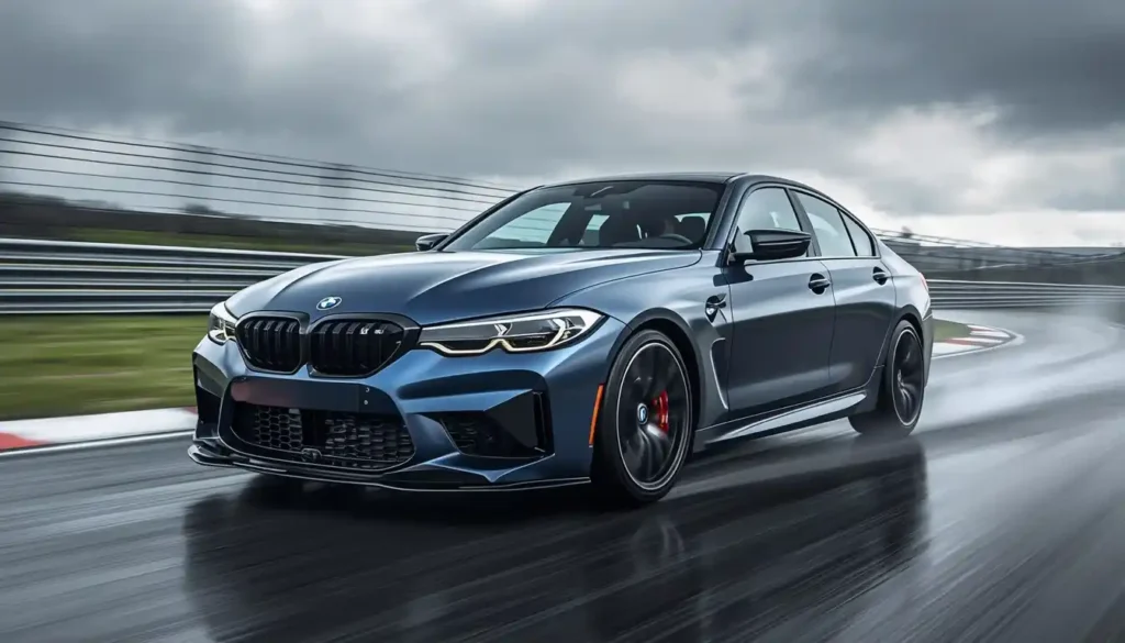 BMW i4 M60 in Frozen Portimao Blue on race track showing M Performance trim badging