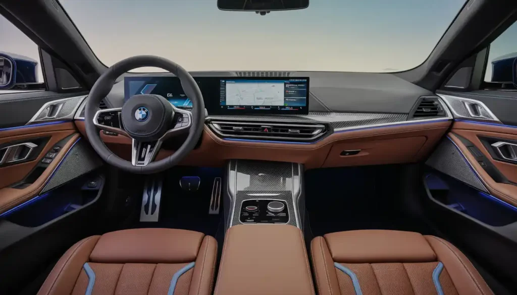 2026 BMW i4 interior showing curved display iDrive 8.5 touchscreen and premium cabin