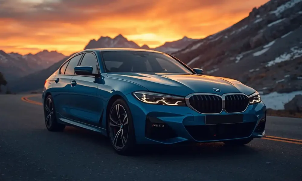 2026 BMW i4 electric sedan front three-quarter view in Arctic Race Blue on mountain road
