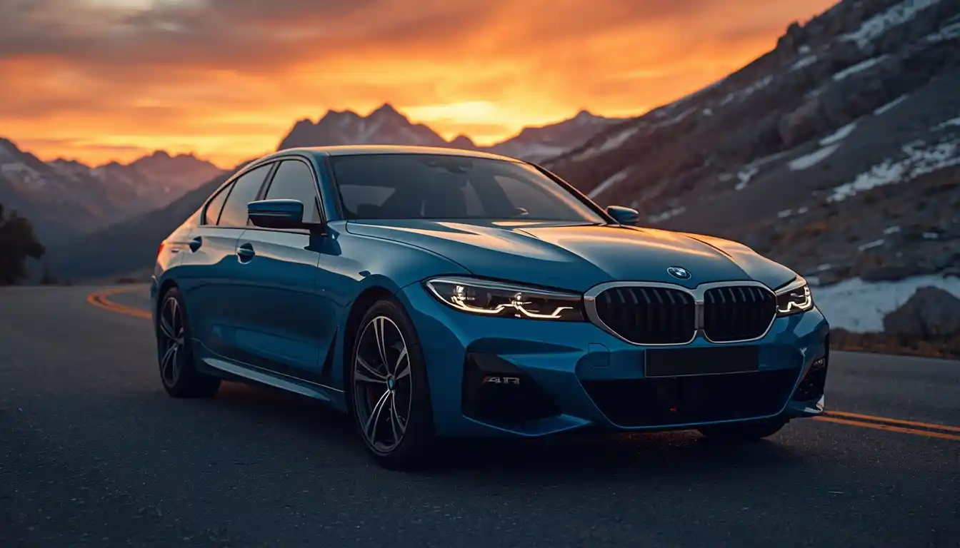 2026 BMW i4 electric sedan front three-quarter view in Arctic Race Blue on mountain road