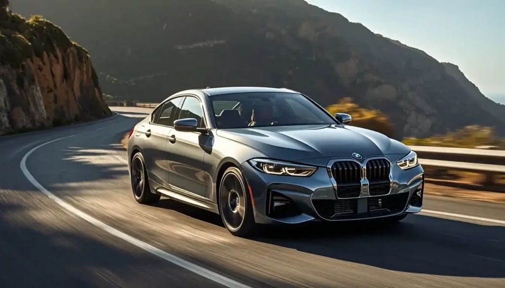 2026 BMW i4 front three-quarter view on mountain road representing luxury electric sedan segment