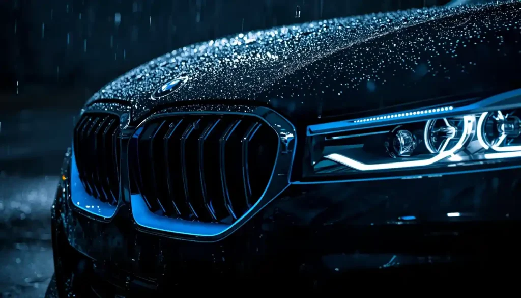 BMW i7 illuminated kidney grille glowing at night showing bold front design