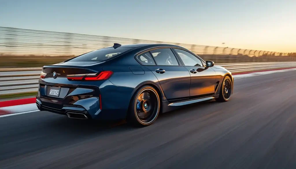 BMW i7 M70 xDrive performance electric sedan cornering at high speed on circuit