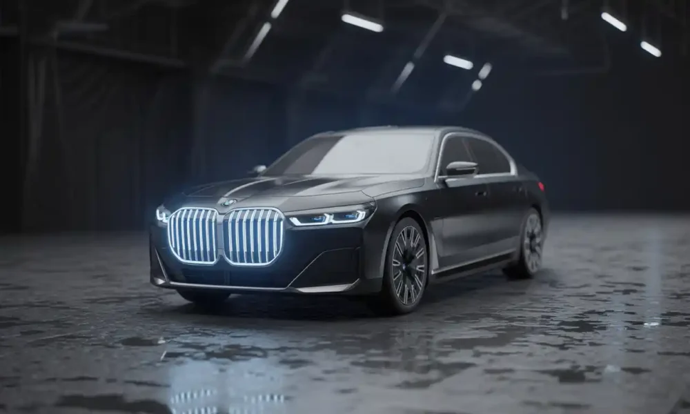 BMW i7 luxury electric sedan front three-quarter view in studio lighting