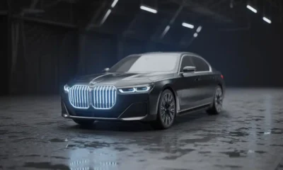 BMW i7 luxury electric sedan front three-quarter view in studio lighting