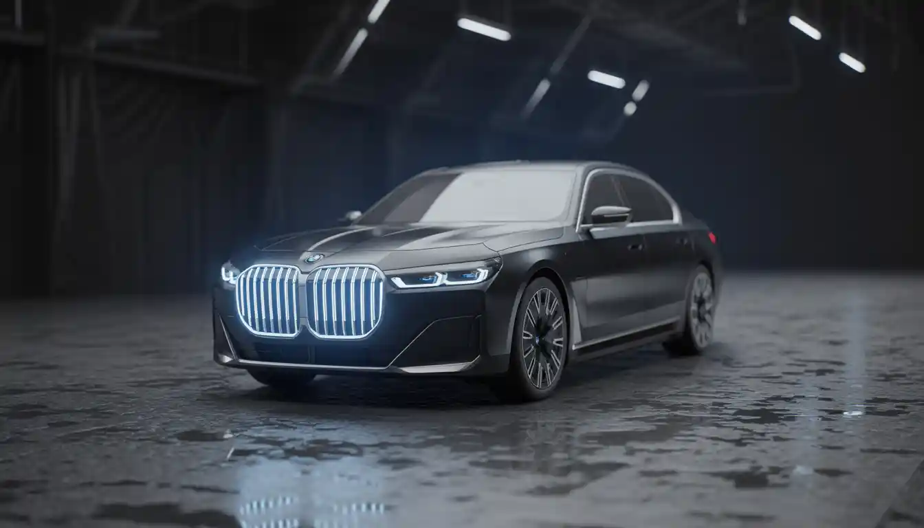 BMW i7 luxury electric sedan front three-quarter view in studio lighting