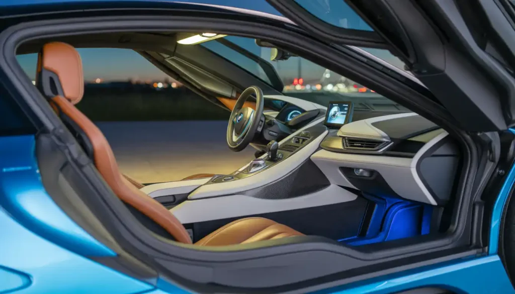 `2026 BMW i8 interior butterfly doors open cabin design view`
