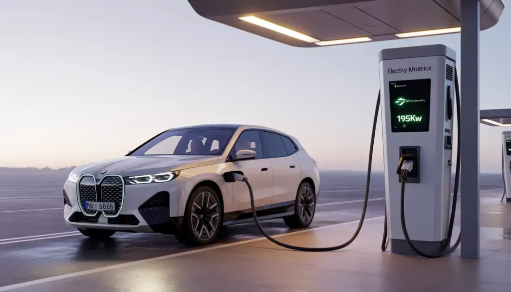 BMW iX M60 DC fast charging at Electrify America station showing 195kW charging speed