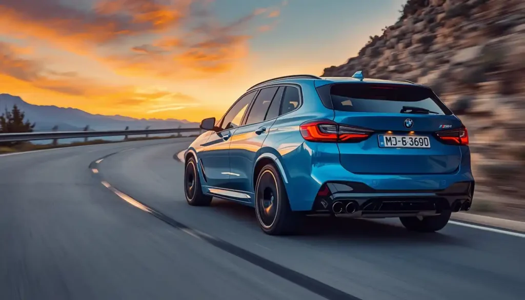 BMW iX M60 performance driving on winding road showing M tuned suspension and 0-60 acceleration