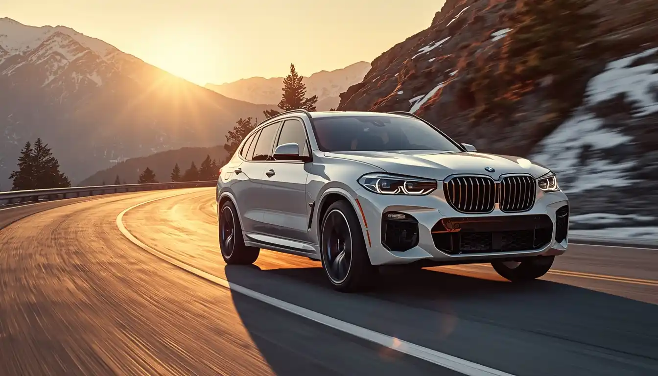 BMW iX M60 electric luxury SUV 2026 in alpine white on mountain highway at golden hour