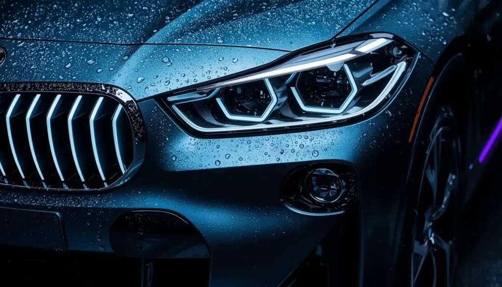 BMW iX2 Iconic Glow illuminated kidney grille in Frozen Portimao Blue satin paint with water beads macro detail at night