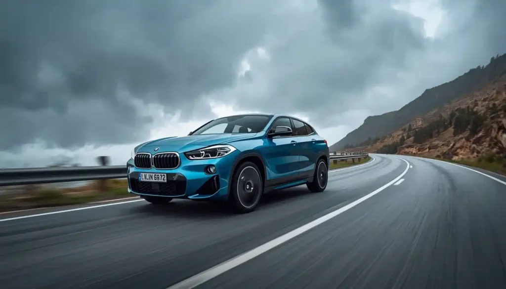 BMW iX2 xDrive30 electric SUV in dynamic panning shot on mountain road in Portimao Blue Metallic