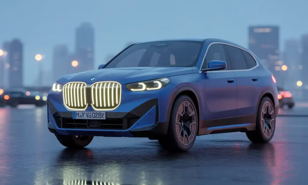BMW iX2 2026 electric coupe SUV in Frozen Portimao Blue with illuminated kidney grille at twilight