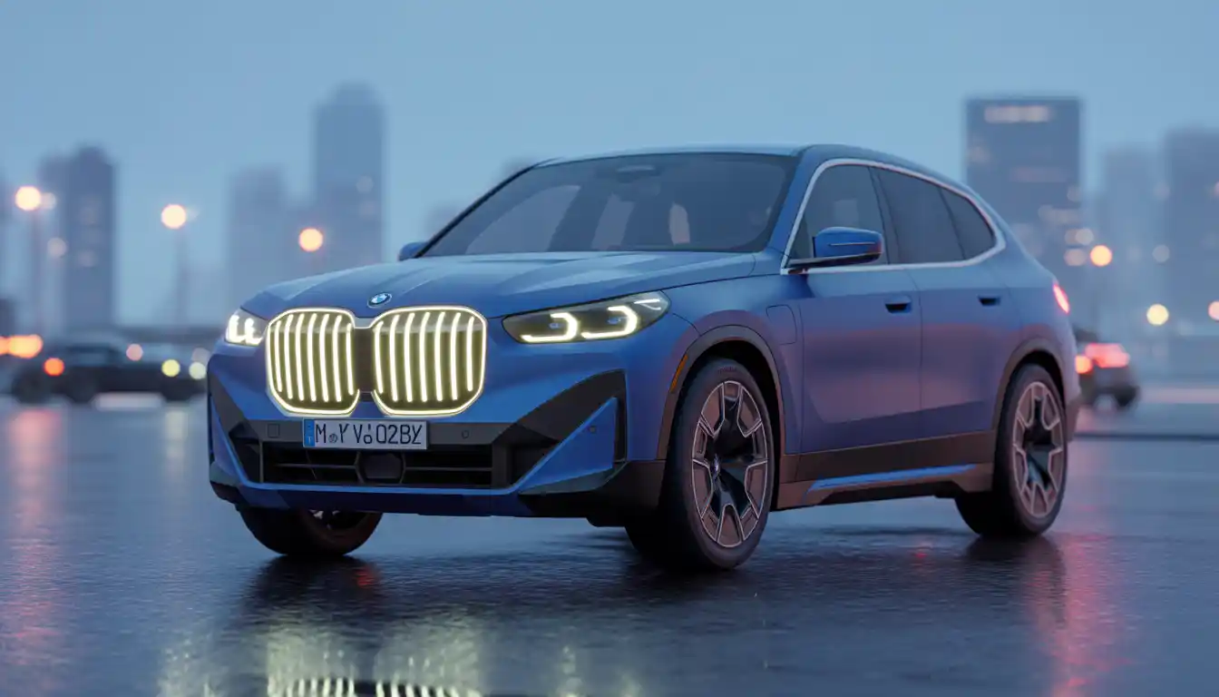 BMW iX2 2026 electric coupe SUV in Frozen Portimao Blue with illuminated kidney grille at twilight
