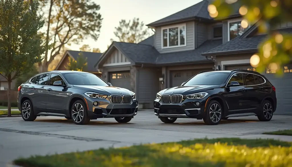 BMW iX2 electric coupe SUV versus BMW iX1 side by side in residential driveway showing roofline difference