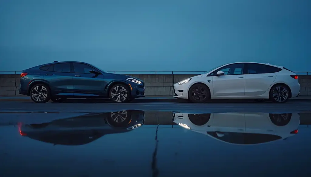 BMW iX2 electric coupe SUV vs Tesla Model Y side by side comparison on urban street at blue hour